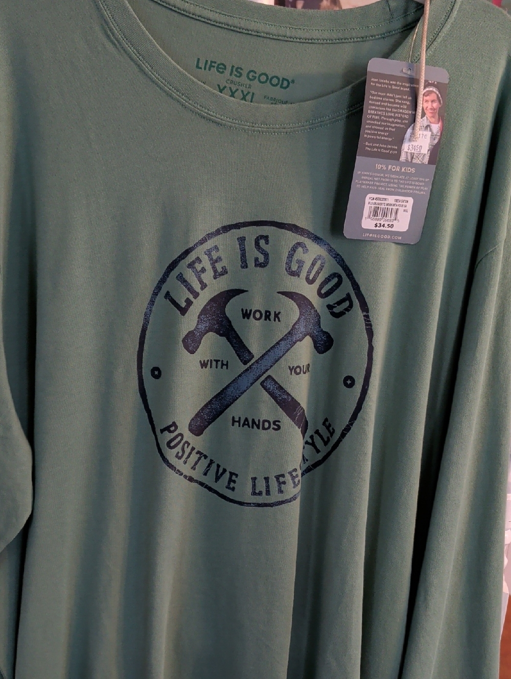 Life Is Good Sage Green Tee with Navy Hammer Logo XXXL Nwt